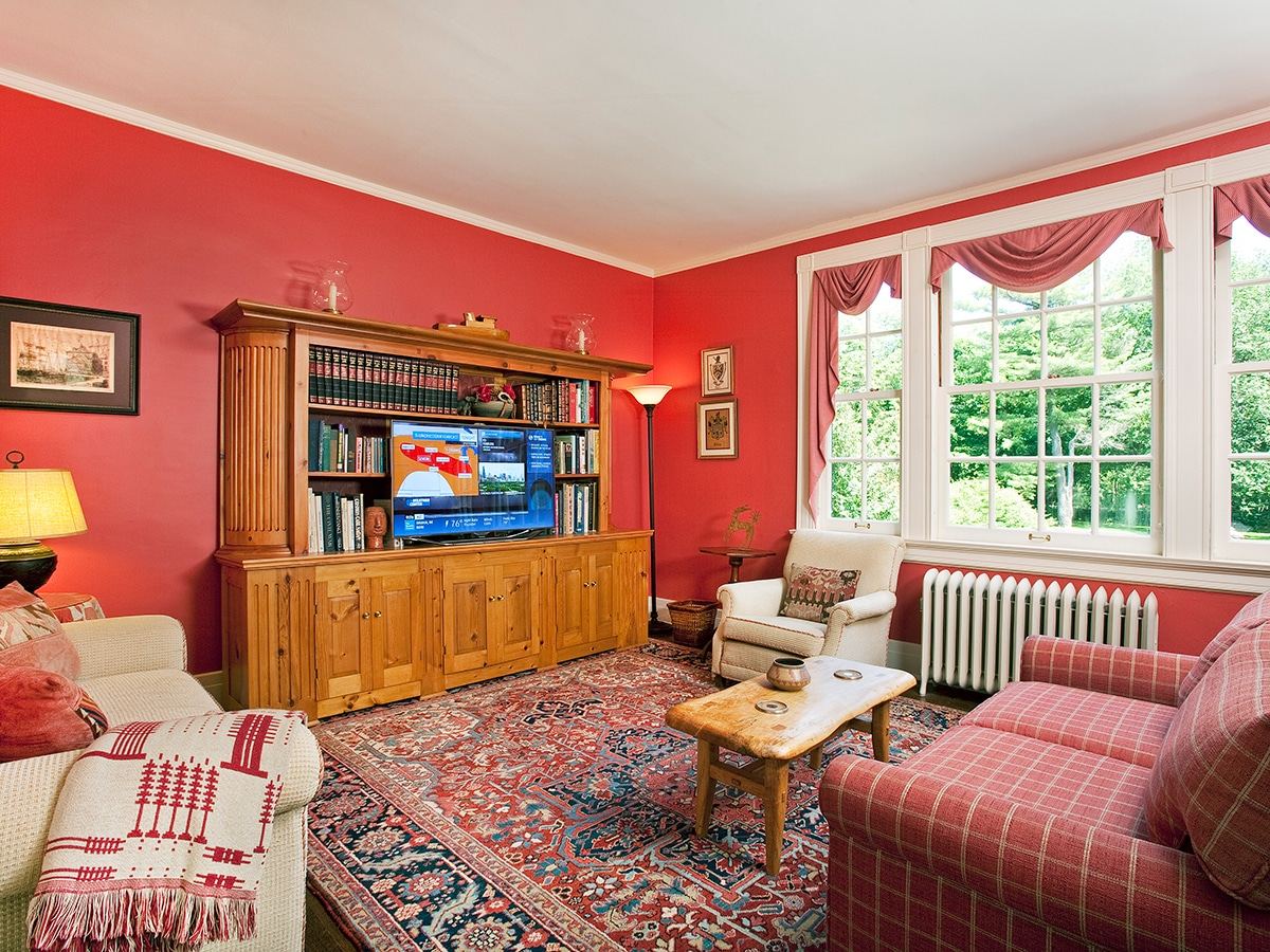 Library gathering room with red walls